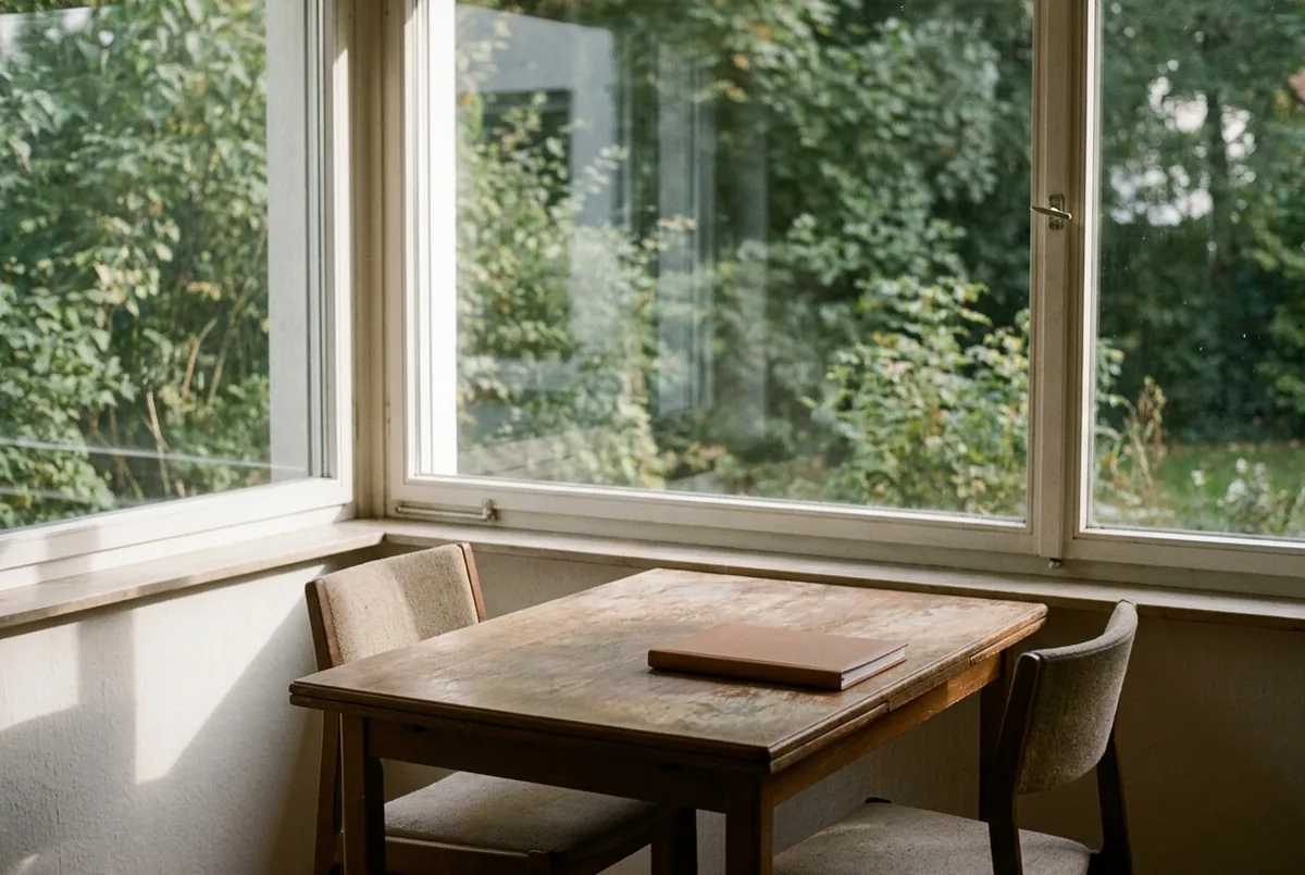 Heller Raum mit schlichtem Holztisch und Blick in einen Garten