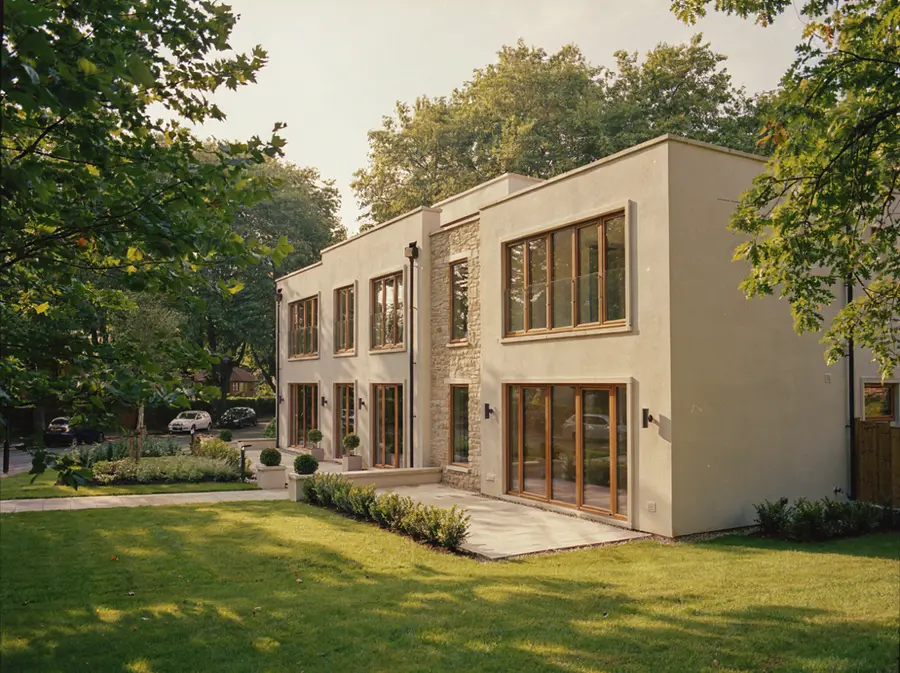 Gepflegte moderne Villa mit Natursteinfassade und Garten im Sommerlicht