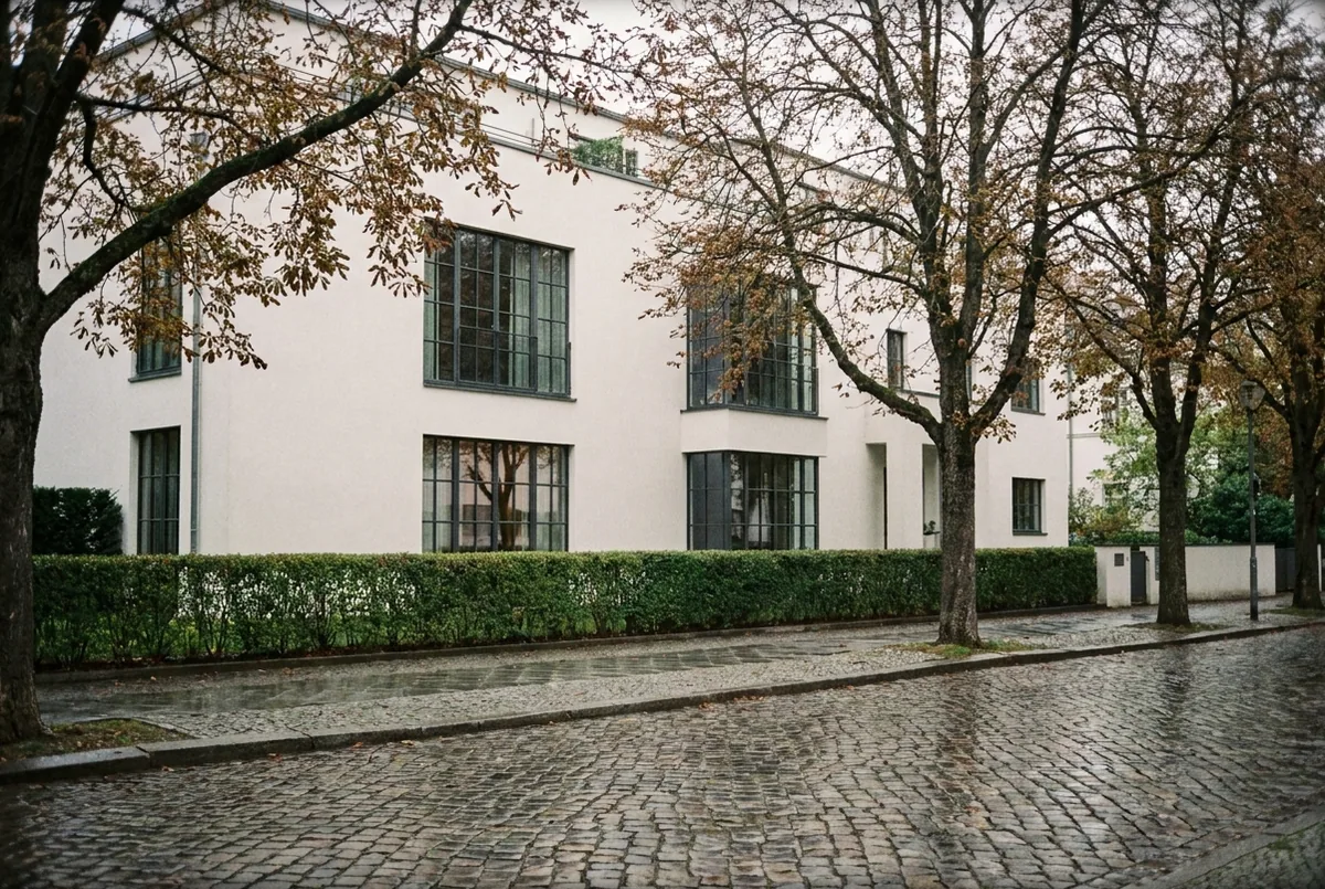 Ruhige Wohnstraße in Südwest-Berlin, helle Fassade hinter alten Bäumen