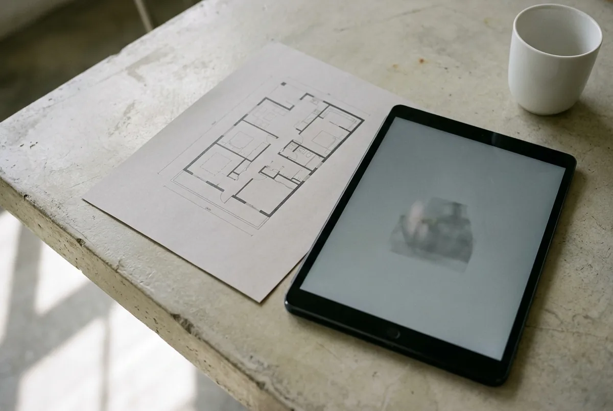 Grundriss und Tablet auf einem hellen Arbeitstisch