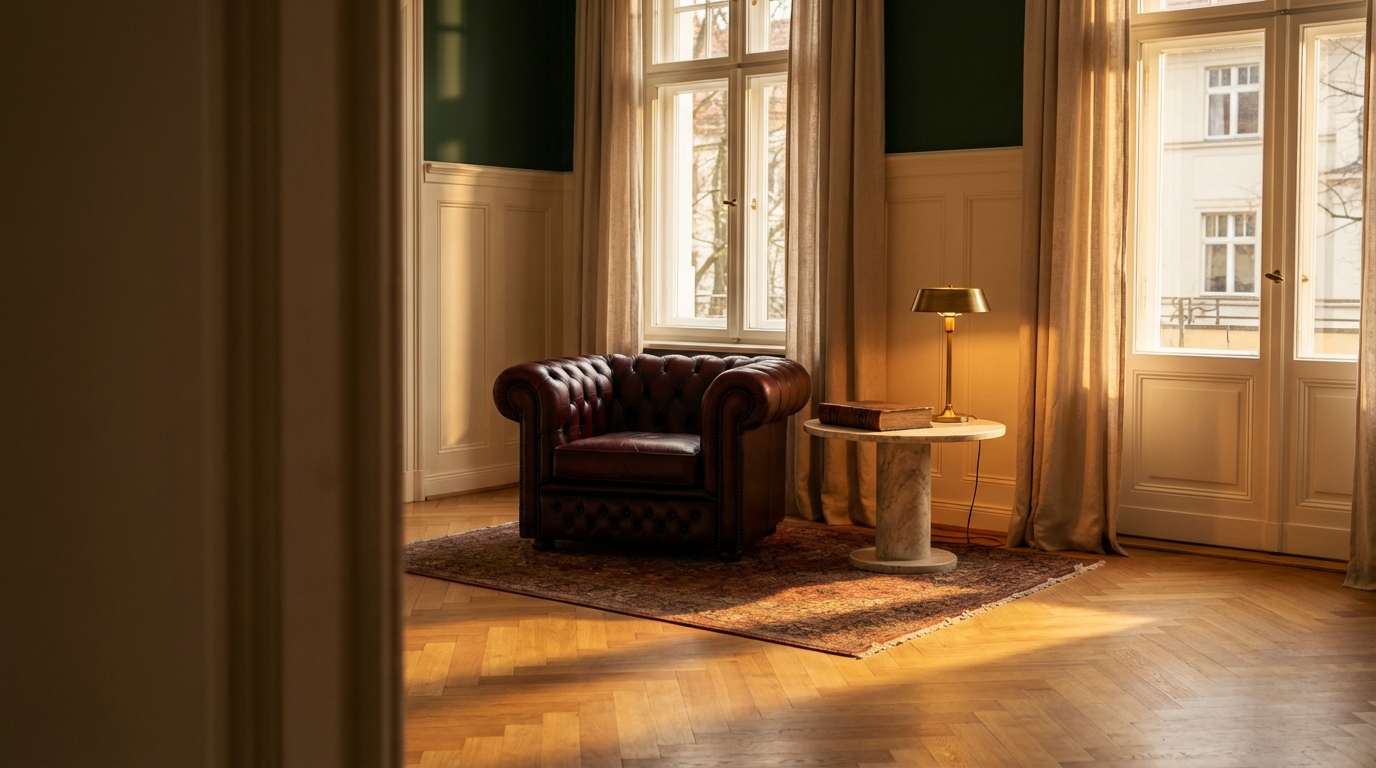 Klassischer Salon in Berlin-Dahlem, warmes Nachmittagslicht